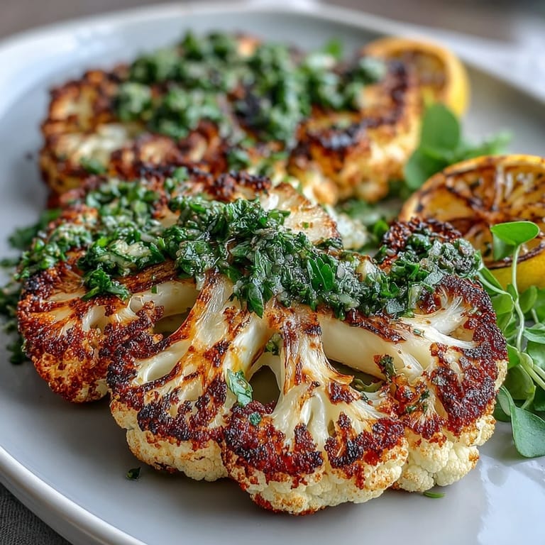 Charred BBQ Cauliflower Steaks adorned with a bright, flavorful chimichurri topping.