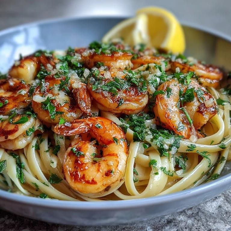 Plated Shrimp Scampi Linguine steaming, topped with fresh parsley and a lemon wedge.