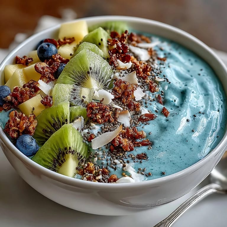 Delectable blue spirulina smoothie bowl with a tropical fruit arrangement, ready for breakfast.