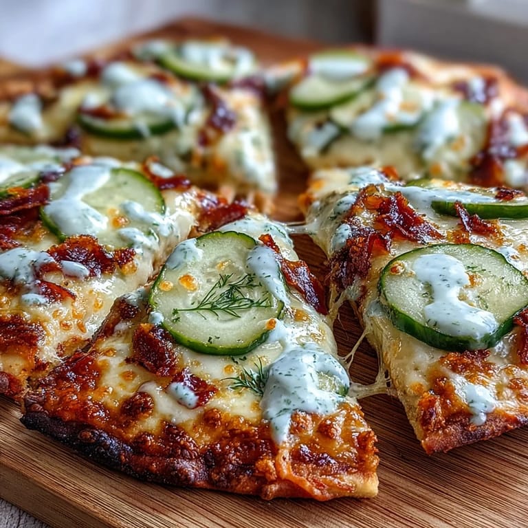 Delicious pickle pizza flatbread topped with fresh dill and a savory garlic ranch swirl.
