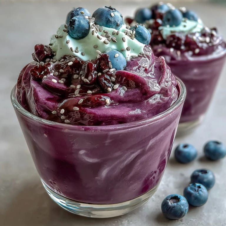 Vibrant Probiotic Kefir Smoothie bursting with blueberries and rich flaxseed.