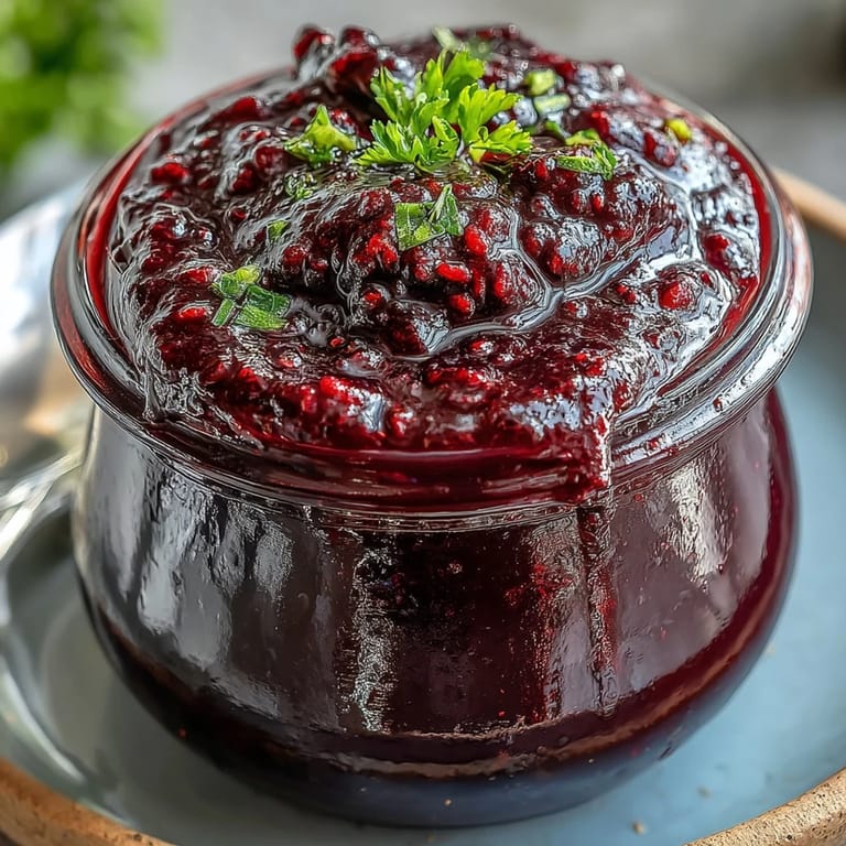 Thick homemade blackberry jalapeño BBQ sauce, spicy and sweet for dipping.