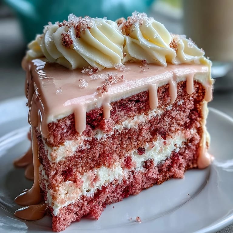 A stunning Bridal Shower Rosé Velvet Cake, visually appealing with its golden cascade.