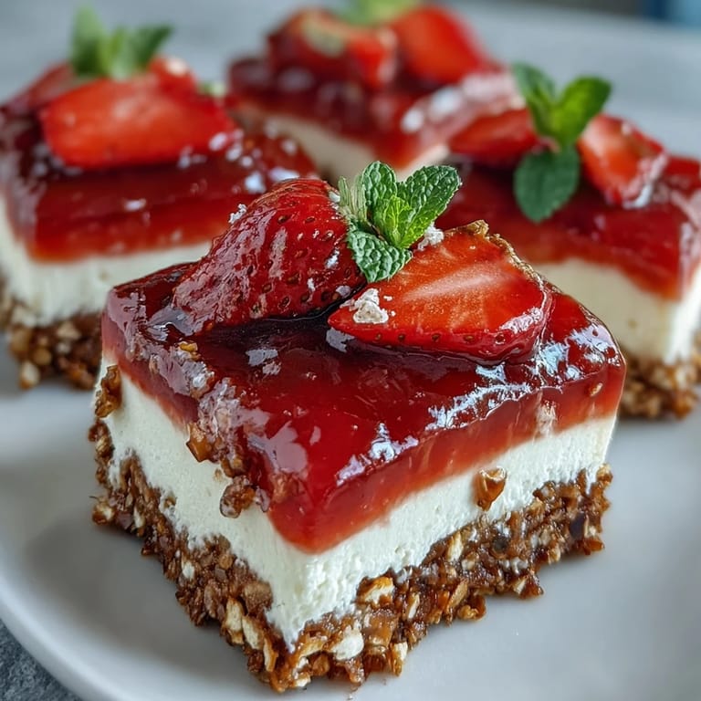 Close-up of a vibrant strawberry pretzel salad bar with a crunchy crust.