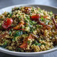 A vibrant bowl of Quinoa Vegetable Pilaf with fluffy quinoa, roasted red bell peppers, zucchini, and cherry tomatoes, garnished with fresh parsley and lemon zest.