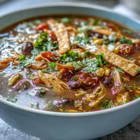 A bowl of Instant Pot Chicken Tortilla Soup topped with avocado, cheese, and crispy tortilla strips next to a lime wedge.