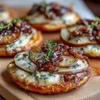 Close-up of baked Pear, Gorgonzola, and Pickled Walnut Pizzettes with bubbling cheese and golden crust, served on a rustic board.