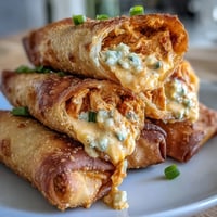 Golden crispy Buffalo Chicken Dip Egg Rolls filled with spicy, creamy chicken dip and melted cheddar on a platter.