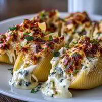 Golden, bubbly Pumpkin & Gouda Stuffed Shells topped with crispy fried sage leaves.