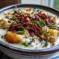 Creamy loaded potato soup topped with crispy bacon, melted cheddar, and fresh green onions served in a rustic bowl.
