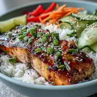 Flaky soy-ginger glazed salmon served over fluffy rice with crisp julienned vegetables in a vibrant bowl.