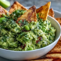 Creamy edamame guacamole with ripe avocado, cilantro, and lime, served with crispy golden pita chips for a fresh, healthy snack.