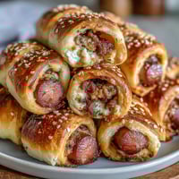 Mini Baseball Hot Dogs in Crescent Roll Dough, golden and crispy, wrapped in flaky pastry for a fun game-day snack.