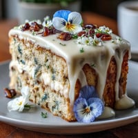 Spring Cake with Pressed Edible Flowers: delicate vanilla layers frosted with whipped cream and adorned with colorful pressed edible blooms.