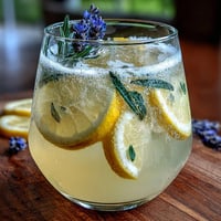 A refreshing lavender lemonade spritz with sparkling wine and citrus garnish in elegant glasses.