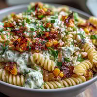 Vibrant elote pasta salad with cotija, chili, and lime, bursting with charred corn, zesty dressing, and fresh herbs in a creamy mix.
