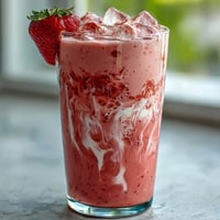 Refreshing pink drink with strawberry açaí and coconut milk, topped with fresh strawberry slices and served over ice in a tall glass.