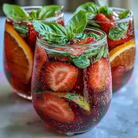 Vibrant strawberry basil sangria mocktail with citrus slices and fresh basil, perfect for summer gatherings and alcohol-free celebrations.