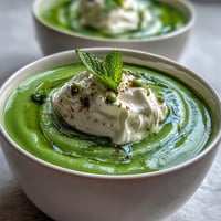 Vibrant spring pea soup, topped with airy whipped ricotta and mint oil.