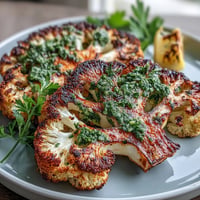 Smoky BBQ Cauliflower Steaks topped with vibrant, fresh chimichurri sauce.