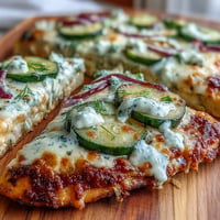 Crispy pickle pizza flatbread with tangy pickles, melted cheese, and creamy garlic ranch.