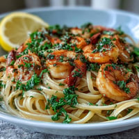 Shrimp Scampi Linguine: vibrant dish with succulent shrimp in a garlicky white wine sauce.