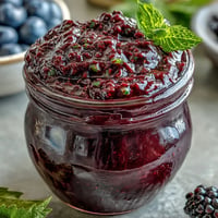 Glossy blackberry jalapeño BBQ sauce shimmering in a jar, ready for grilling.